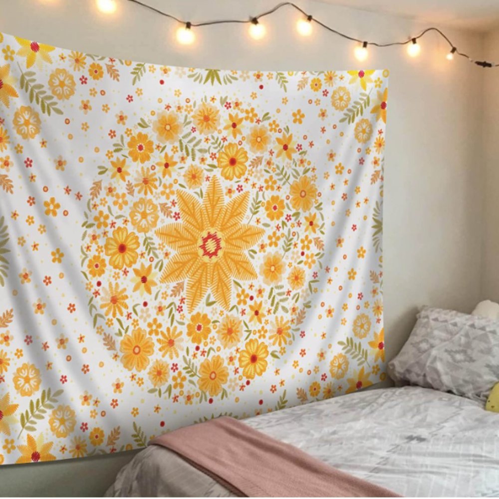 Boho Floral Tapestry Wall Hanging White and Yellow Flower Plant Tapestry 51 x 59
